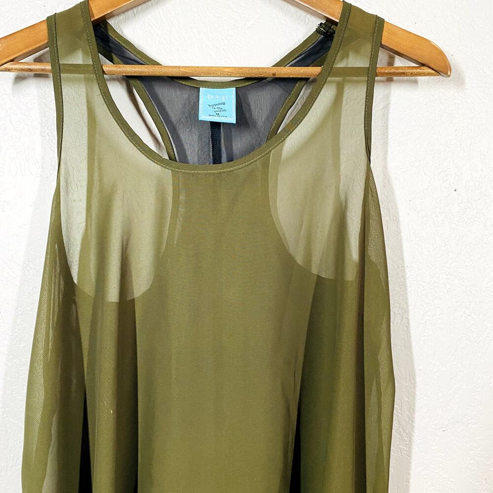 HIP Semi Sheer Tank Sleeveless Top Olive Green black Color Block - M - Picture 2 of 4